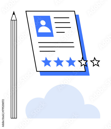 Resume featuring profile photo, text details, and 5-star ratings with pencil and cloud. Ideal for recruitment, career growth, performance evaluation, productivity, talent acquisition, job hunt