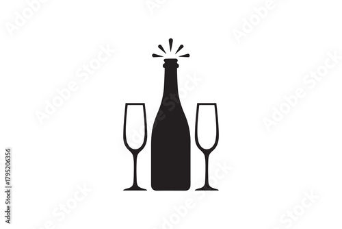 Champagne Bottle and Glasses Silhouette Artwork Celebration champagne icon in black and white