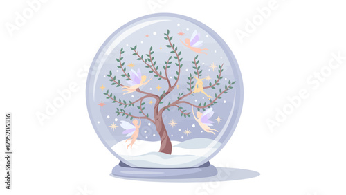 Enchanted Snow Globe: A magical scene unfolds within a glass snow globe, featuring a whimsical tree, delicate fairies, and gentle snowfall, evoking a sense of wonder and tranquility.