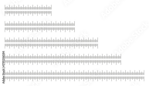 Metrics indicators cm. Chart 10, 15, 20, 25, 30 centimeters. Scales for ruler in centimeters. Metric ruler icons. Length, height, distance, sewing, measuring tools. Set of measuring scale templates.