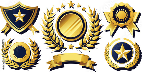 Golden award emblems, luxury badges, premium quality set vector.