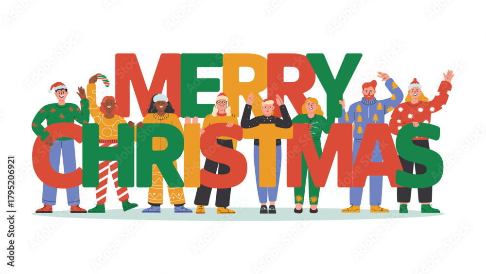 Fototapeta premium Festive Gathering: A diverse group stands shoulder-to-shoulder, forming a vibrant tableau of holiday cheer and camaraderie, celebrating the season together. 