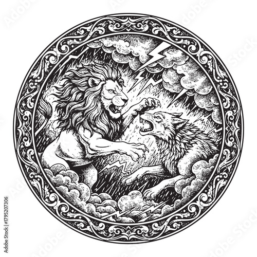 Fierce lion and wolf battle in stormy vintage circle