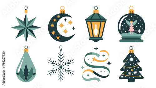 Holiday Ornaments in Harmony: A curated selection of stylized ornaments, each with unique designs, are presented in a festive layout. Celebrate the spirit of the season