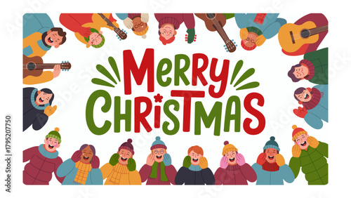 Festive Carols: A vibrant illustration of a merry Christmas celebration, with cheerful individuals playing guitar and singing carols in the season of giving.