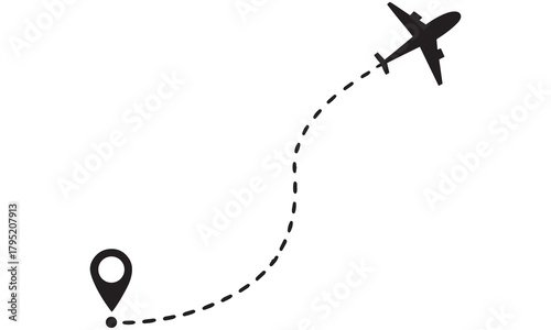  Minimal airplane route icon with a dotted flight path to a map pin. Perfect for travel blogs, itineraries, logistics, aviation and tourism designs.