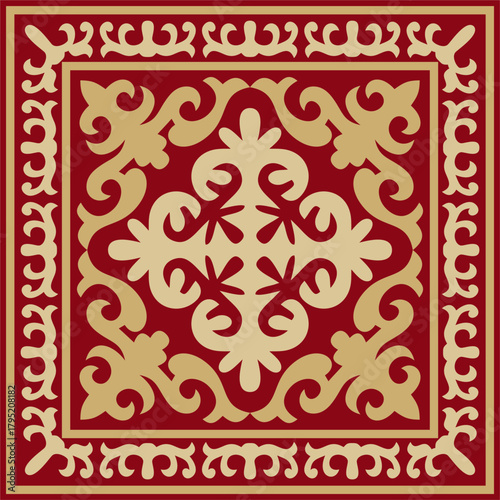 Vector red with gold Square Kazakh national ornament. Ethnic pattern of the peoples of the Great Steppe,  Mongols, Kyrgyz, Kalmyks, Buryats.