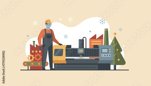 Worker operates CNC machine in a Christmas factory setting Industrial holiday production vector