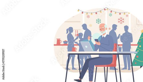 Senior man working on a laptop at a festive family gathering Holiday remote work and technology