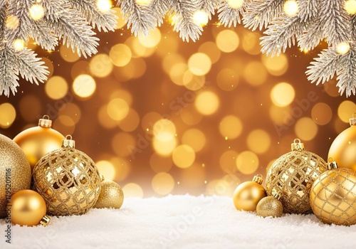 Golden christmas balls and pine branches on snow holiday background with blurred bokeh lights