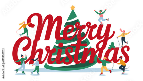 Festive Christmas Greeting: A vibrant illustration of Merry Christmas surrounded by miniature figures reveling in the holiday spirit, a heartwarming display of festive cheer.