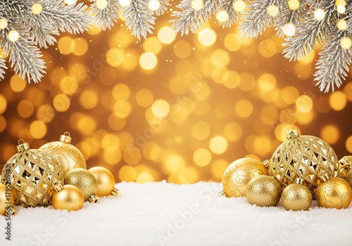 Golden christmas balls and pine branches on snow holiday background with blurred bokeh lights