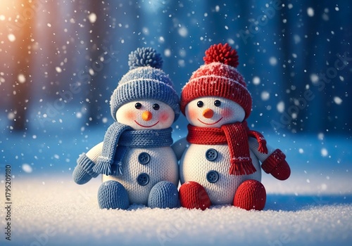 Cute knitted snowmen couple in snow with blue and red hats scarves