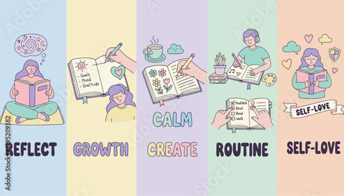 Selfcare routine illustration featuring concepts like journaling reflection growth creativity and selflove