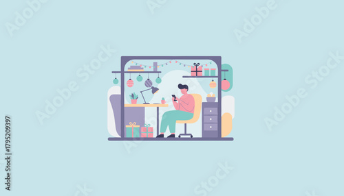 Person using smartphone at a decorated home office during the winter holidays