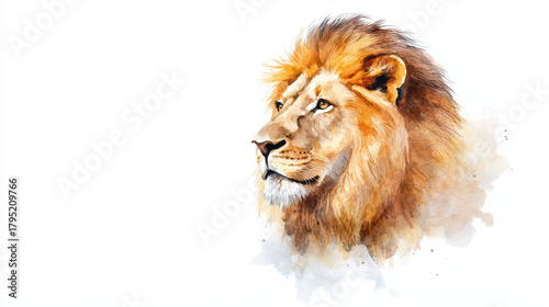 Majestic lion with flowing mane, depicted in vibrant watercolor style, exudes strength and grace. artwork captures essence of wildlife beauty