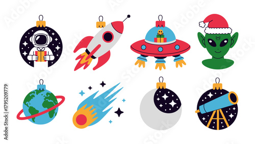Celestial Ornaments: A whimsical assortment of space-themed ornaments, each designed with vivid detail, embodying holiday spirit.