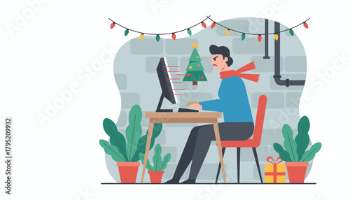 Christmas work stress Angry man works late ignoring festive distractions and slow progress