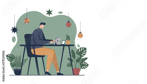 Remote work setup Man uses laptop in a cozy decorated home office with plants