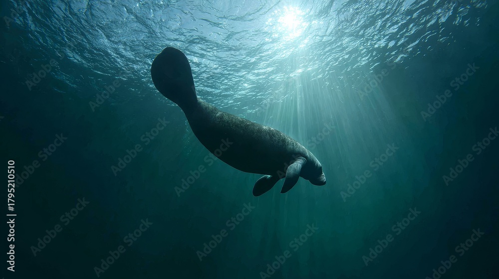 Obraz premium Manatee swimming underwater with sunlight above highlighting endangered marine life in serene habitat