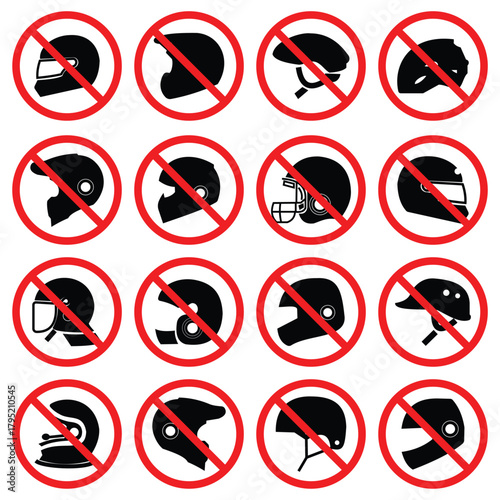 No Motorcycle Helmet Prohibition Sign – Road Safety Warning, Red Circle Minimal Icon Illustration