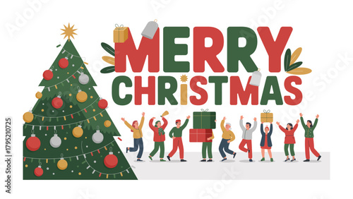 Merry Christmas Celebration: Festive scene depicting joyful people gathering around a decorated Christmas tree, reveling in the holiday spirit, exchanging gifts, and celebrating the season with cheer.