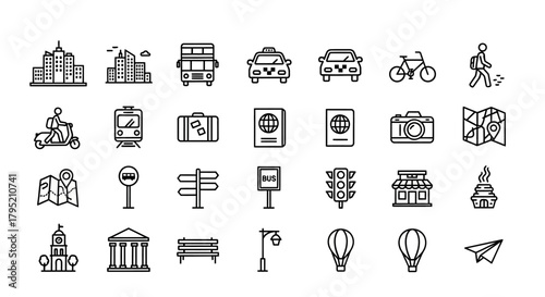 Travel and City Icons - Transportation, Landmarks, and Documents in Outline Style.