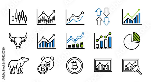 Collection of financial market and cryptocurrency line icons, featuring various charts, bull, bear, and Bitcoin symbols.