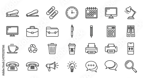 Hand-drawn office supplies and business icons collection in black line art style.
