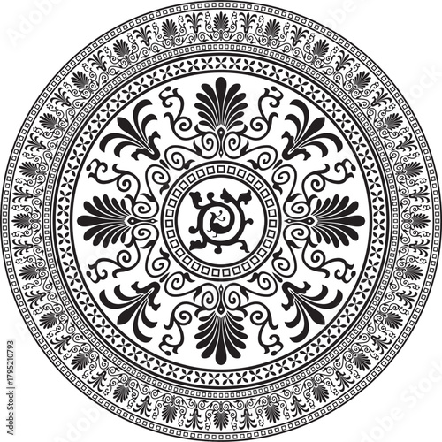 Vector monochrome round classical ornament of Ancient Greece and Roman Empire. Circle, Arabesque, Byzantine pattern