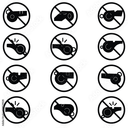 No Whistle / No Whistling Sign Icon – Forbidden, Prohibited Area and Silence Vector Symbol