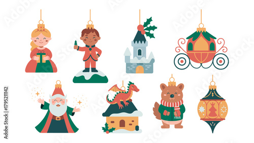 Festive Ornaments Collection: A whimsical array of holiday ornaments, including fairytale characters, a castle, carriage, bear, and other classic elements, evokes nostalgia and winter season cheer.