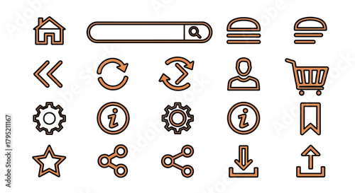 Collection of Outline Icons for Web and App Navigation and Functionality.