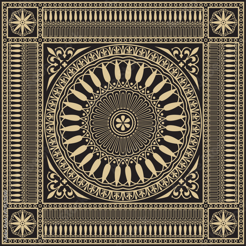 Vector gold and black classic Greek square ornament. Rectangle of Ancient Greece and Roman Empire. Byzantine painting of walls, floors and ceilings. Decoration of European palaces.