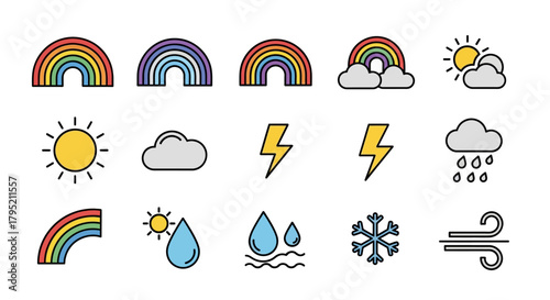 Colorful weather forecast icons set with rainbows, sun, clouds, lightning, rain, snowflake, and wind symbols.