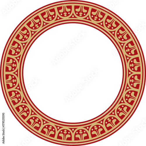 Vector round gold with red border, frame, Pompeii ring. Circle Neopolitan ornament. Art of Ancient Rome.