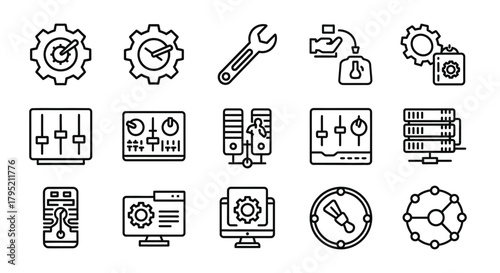 Collection of black outline icons for settings, tools, and technology, featuring gears, servers, and controls.