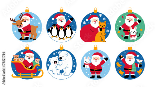 Festive ornaments in wintertime: a collection of cartoon ornaments showcasing various festive illustrations, perfect for holiday decoration and seasonal cheer.