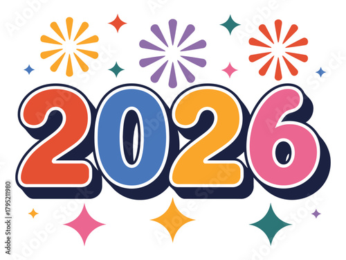 Vibrant 2026 numerals with festive fireworks and starbursts, celebrating future new year