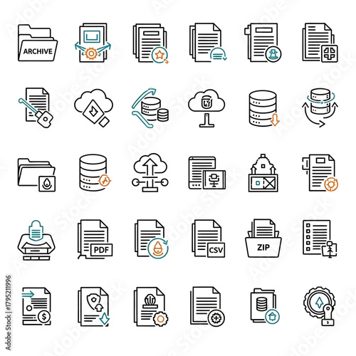 Data Storage and File Management Line Icon Set with Color Accents.