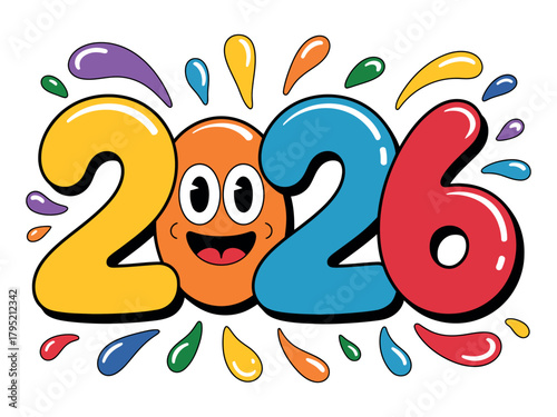 Joyful, colorful cartoon numbers celebrate the arrival of the new year 2026 with festive splashes.