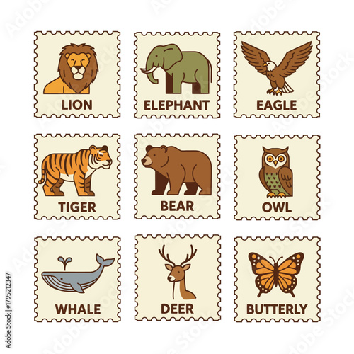 Collection of nine cartoon animal illustrations on postage stamp-like designs, including lion, elephant, eagle, tiger, bear, owl, whale, deer, and butterfly.