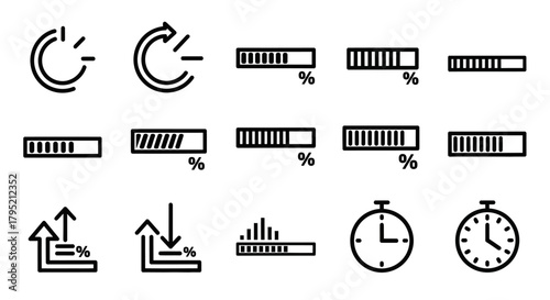 Black Line Style Loading Icons Set - Progress, Refresh, and Time Indicators.