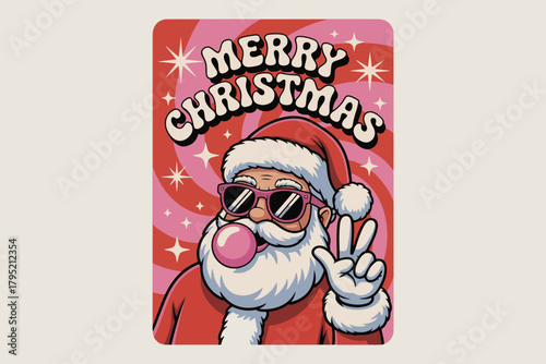 Retro santa claus wearing sunglasses and blowing bubble gum with peace sign