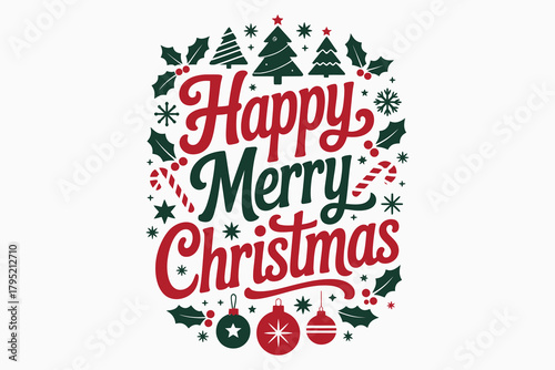 Festive happy merry christmas typographic design with holiday elements