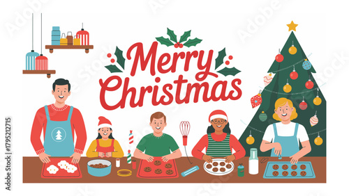 Christmas Cookie Family: A heartwarming scene unfolds as a family joyfully gathers, baking Christmas cookies, embodying the warmth, tradition, and happiness of the holiday season.