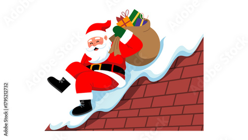Santa's Christmas Delivery: The iconic figure of Santa Claus, laden with a bulging sack of gifts, descends a snow-covered rooftop. A festive scene filled with anticipation.