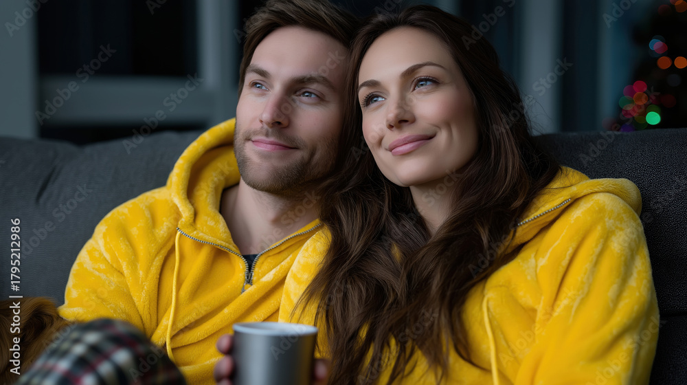 Fototapeta premium Cozy evening at home in yellow hoodies with warm drinks