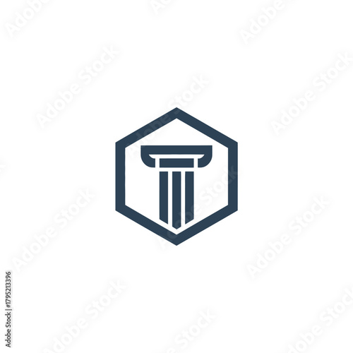 Modern hexagonal logo featuring a stylized pillar symbolizing justice and law