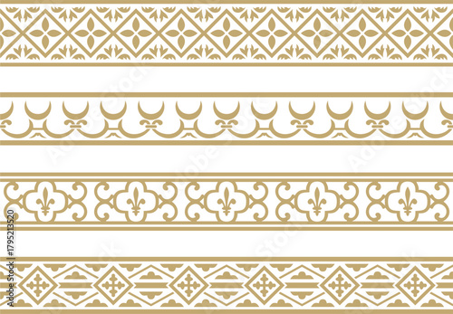 Vector set of golden seamless classic renaissance ornament. Endless european border, revival style frame